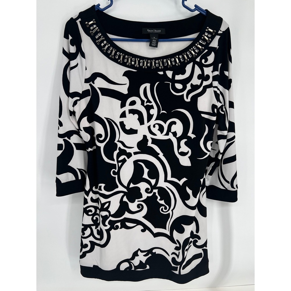 White House Black Market Black‎ White Scroll Print Embellished Tunic Top Mens M
